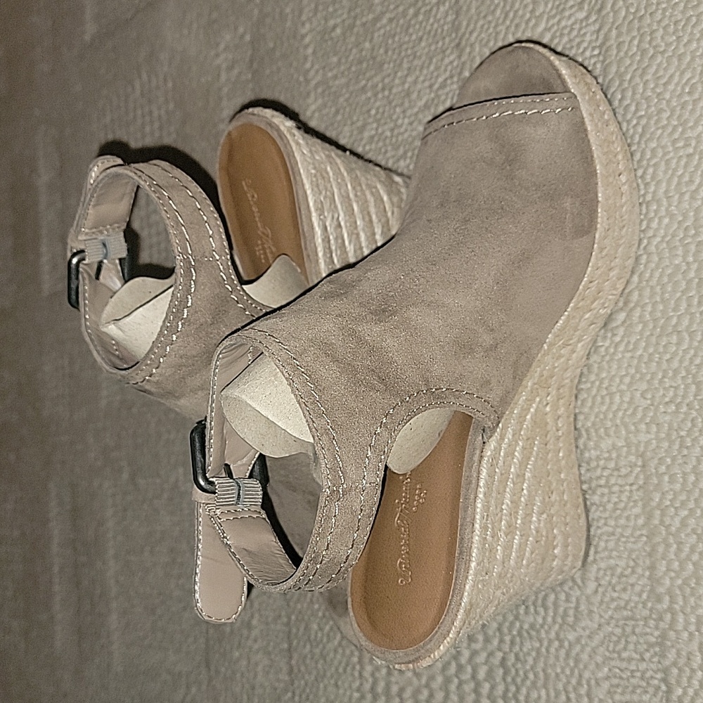 Women's Taupe Microsuede Shield Espadrille Wedge Pump - Picture 6 of 9